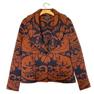 Jones New York Collection 100% Merino Wool Damask Cardigan Sweater Rust Brown M